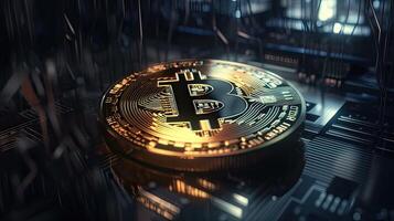 Gold Münze Bitcoin auf ein schwarz Hintergrund. das Konzept von Kryptowährung. Blockchain Technologie. gemischt Medien. generativ ai. foto