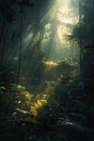 Wald im das Morgen im ein Nebel im das Sonne, Bäume im ein Dunst von Licht, glühend Nebel unter das Bäume. generativ ai. foto