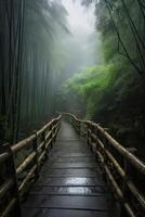 Landschaft von Bambus Wald im Frühling umgeben durch Schweigen. Pfad zu Bambus Wald. generativ ai. foto