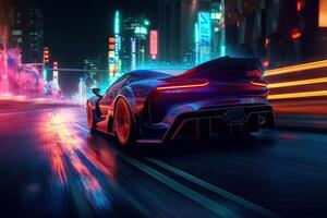 futuristisch Sport Auto auf Neon- Autobahn. mächtig Beschleunigung von ein Supersportwagen auf ein Nacht Spur mit bunt Beleuchtung und Wanderwege. 3d Illustration. generativ ai. foto