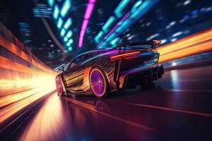 futuristisch Sport Auto auf Neon- Autobahn. mächtig Beschleunigung von ein Supersportwagen auf ein Nacht Spur mit bunt Beleuchtung und Wanderwege. 3d Illustration. generativ ai. foto