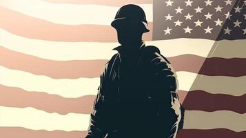 Illustration von USA Heer Soldat mit Nation Flagge. Gruß Karte zum Veteranen Tag , Denkmal Tag, Unabhängigkeit Tag . Amerika Feier. generativ ai. foto