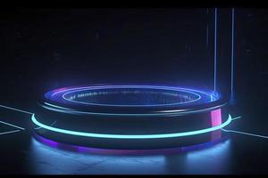 Portal und Hologramm futuristisch Neon- Farbe Kreis Elemente. Standard Podium oder Studio futuristisch Sockel runden Plattform Ausstellungsraum. Kreis Bühne und Blau Neon- Licht. Wissenschaft Fiktion 3d Illustration foto