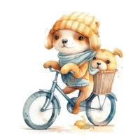 Aquarell handgemalt Illustration von ein süß Karikatur bezaubernd Reiten Fahrrad auf Weiß Hintergrund. generativ ai. foto