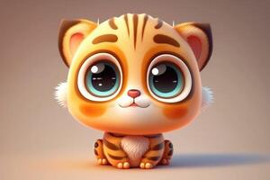 ai generiert 3d süß Lächeln wenig Tiger kawaii Charakter. realistisch Jungtier mit groß Augen. foto