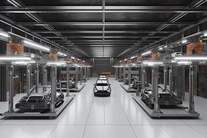 Automatisierung Automobil Fabrik Konzept mit 3d Rendern Roboter Versammlung Linie mit elektrisch Auto Batterie Zellen Modul auf Plattform foto