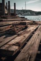 alt hölzern Seebrücke auf das Strand beim Sonnenuntergang. selektiv Fokus foto