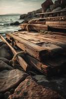 alt hölzern Seebrücke auf das Strand beim Sonnenuntergang. selektiv Fokus foto