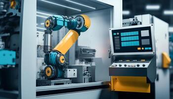 industriell Maschine Roboter, Clever modern Fabrik Automatisierung mit fortgeschritten Maschinen, industriell 4.0 Herstellung Verfahren, generativ ai foto