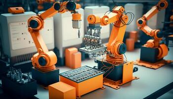 industriell Maschine Roboter, Clever modern Fabrik Automatisierung mit fortgeschritten Maschinen, industriell 4.0 Herstellung Verfahren, generativ ai foto