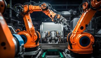 industriell Maschine automatisch Roboter Arm, Clever modern Fabrik Automatisierung mit fortgeschritten Maschinen, industriell 4.0 Herstellung Verfahren, generativ ai foto