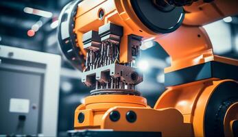 industriell Maschine automatisch Roboter Arm, Clever modern Fabrik Automatisierung mit fortgeschritten Maschinen, industriell 4.0 Herstellung Verfahren, generativ ai foto