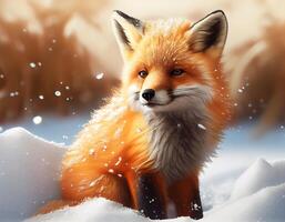 süß wenig Fuchs im das Wald, Karikatur Fuchs Animation Fantasie Stil, Schätzchen Fuchs Stehen Winter Jahreszeit hintergrund.generativ ai foto