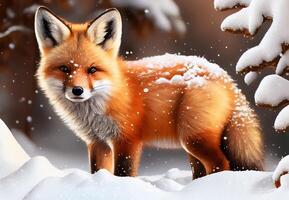 süß wenig Fuchs im das Wald, Karikatur Fuchs Animation Fantasie Stil, Schätzchen Fuchs Stehen Winter Jahreszeit hintergrund.generativ ai foto