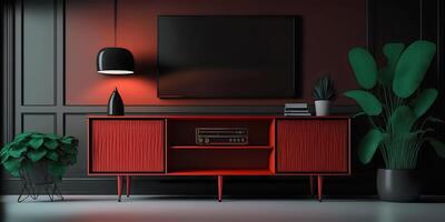 Fernseher Kabinett mit rot und schwarz modern minimal Innere Design. minimalistisch Innere 3d machen. generativ ai. foto