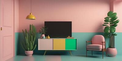 Fernseher Kabinett und modern minimal Innere Design auf leeren Pastell- Mauer Hintergrund. generativ ai. foto