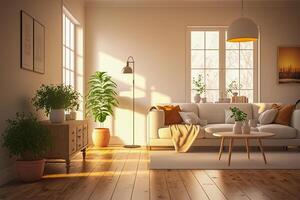 gemütlich modern Stil Leben Zimmer mit Sonnenlicht scheint in das Zimmer. Minimalismus Innere Design 3d machen. generativ ai. foto
