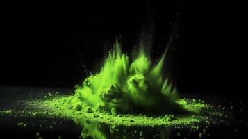 Explosion von Grün Pulver auf ein schwarz Hintergrund. generativ ai. foto
