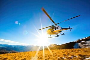 Suche und Rettung Betrieb im Berge. medizinisch Rettung Hubschrauber Landung im Berge. erstellt mit generativ ai foto