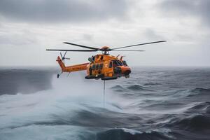 Suche und Rettung Betrieb im Meer. Notfall Rettung Hubschrauber fliegt Über Meer Oberfläche, suchen zum die Opfer nach Absturz. erstellt mit generativ ai foto