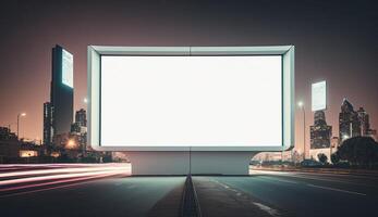 futuristisch Stadt mit Weiß leer Werbetafel, Nacht Aussicht foto