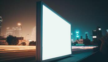 futuristisch Stadt mit Weiß leer Werbetafel, Nacht Aussicht foto