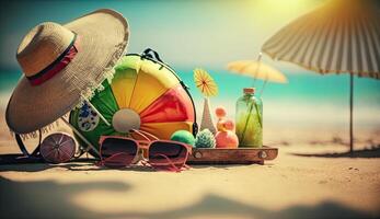 tropisch Strand mit Sonnenbaden Zubehör, Sonnenbrille, Sommer- Urlaub Konzept Hintergrund foto