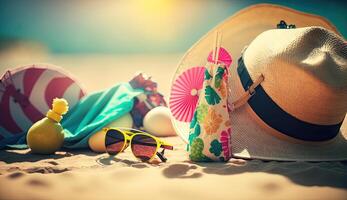 tropisch Strand mit Sonnenbaden Zubehör, Sonnenbrille, Sommer- Urlaub Konzept Hintergrund foto