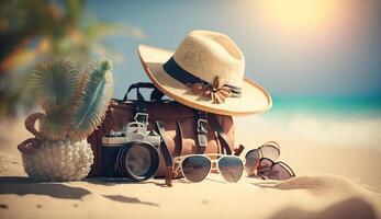 tropisch Strand mit Sonnenbaden Zubehör, Sonnenbrille, Sommer- Urlaub Konzept Hintergrund foto