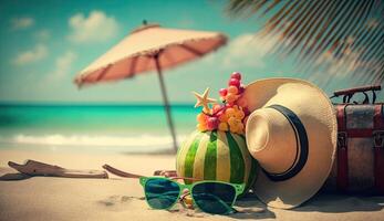 tropisch Strand mit Sonnenbaden Zubehör, Sonnenbrille, Sommer- Urlaub Konzept Hintergrund foto