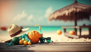 tropisch Strand mit Sonnenbaden Zubehör, Sonnenbrille, Sommer- Urlaub Konzept Hintergrund foto