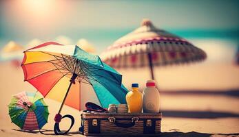 tropisch Strand mit Sonnenbaden Zubehör, Sonnenbrille, Sommer- Urlaub Konzept Hintergrund foto