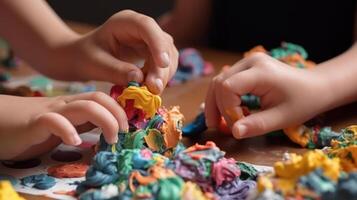 Kinder spielen mit bunt Plastilin Bildhauerei Zahl generativ ai foto