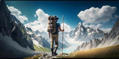 ein Mann mit ein Rucksack steht auf ein Berg oben suchen beim das Berge foto