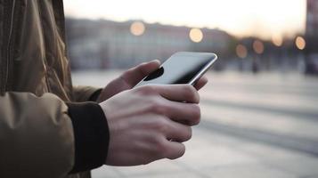 schließen oben von ein Mann mit Handy, Mobiltelefon Clever Telefon im das Stadt foto