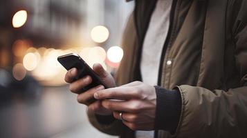 schließen oben von ein Mann mit Handy, Mobiltelefon Clever Telefon im das Stadt foto