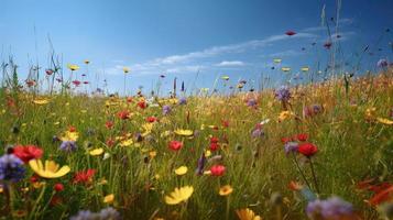 bunt Blumen im ein Wiese auf ein sonnig Sommer- Tag, schön Wiese mit Mohnblumen und andere Wildblumen foto