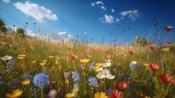 bunt Blumen im ein Wiese auf ein sonnig Sommer- Tag, schön Wiese mit Mohnblumen und andere Wildblumen foto