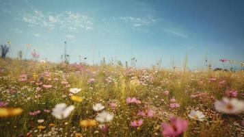 bunt Blumen im ein Wiese auf ein sonnig Sommer- Tag, schön Wiese mit Mohnblumen und andere Wildblumen foto