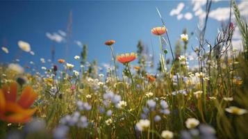 bunt Blumen im ein Wiese auf ein sonnig Sommer- Tag, schön Wiese mit Mohnblumen und andere Wildblumen foto