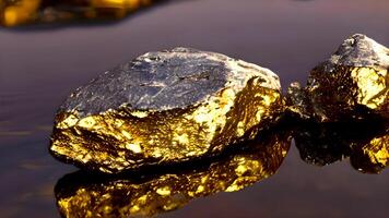 Gold Nugget auf ein schwarz Hintergrund würde erscheinen wie ein kontrastiert Bild von ein rauh, unregelmäßig geformte Stück von Gold gegen ein dunkel, generativ ai foto