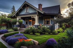 stilvoll Handwerker Stil Haus mit üppig Landschaftsbau - - generativ ai. foto