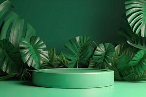 minimal modern Produkt Anzeige auf Grün Hintergrund mit frisch Palme Blätter und Schatten. minimal Podium mit Palme Blatt Sommer- Vorlage abstrakt Hintergrund. generativ ai. foto