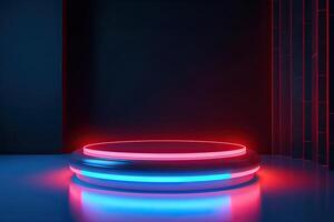 3d Zylinder Stand oder Podium im Sci-Fi dunkel abstrakt Zimmer mit erleuchten Kreise Neon- Lampe und glänzend funkeln im Fenster. 3d Rendern Produkt Anzeige. futuristisch minimal Szene. generativ ai. foto