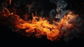 Feuer Flammen Textur auf isoliert schwarz Hintergrund. perfekt Textur Überlagerungen zum Kopieren Raum. generativ ai foto