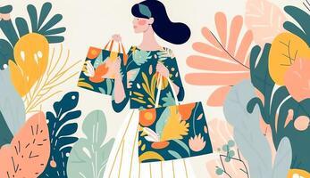 schön Frau halten Einkaufen Tasche mit modern bunt tropisch Blumen- Muster. Hand gezeichnet Illustration, generativ ai foto