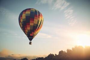 bunt heiß Luft Ballon fliegend auf Himmel beim Sonnenuntergang. Reise und Luft Transport Konzept. generativ ai. foto