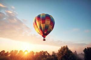 bunt heiß Luft Ballon fliegend auf Himmel beim Sonnenuntergang. Reise und Luft Transport Konzept. generativ ai. foto