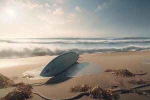 Surfbrett auf das Strand mit Strand Zeichen zum Surfen Bereich. Reise Abenteuer und Wasser Sport. Entspannung und Sommer- Ferien Konzept. Jahrgang Farbe Ton bild.generativ ai foto