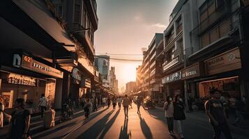 ein schön und dramatisch Panorama- fotografieren von das Stadt Horizont, genommen auf ein golden Abend nach Sonnenuntergang. generativ ai. foto